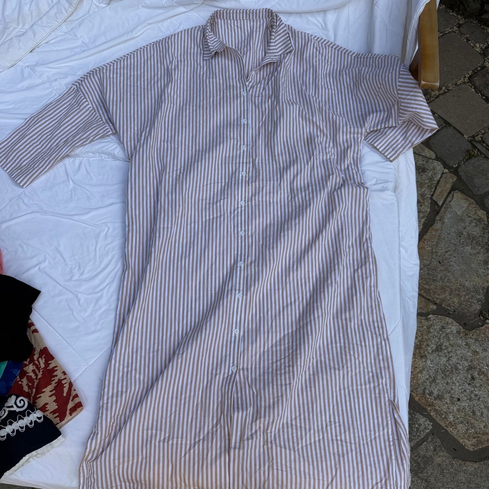 Lot of 2 Shirt Dresses Striped Button Down Tan & Navy Blue Oversized Maxi Midi